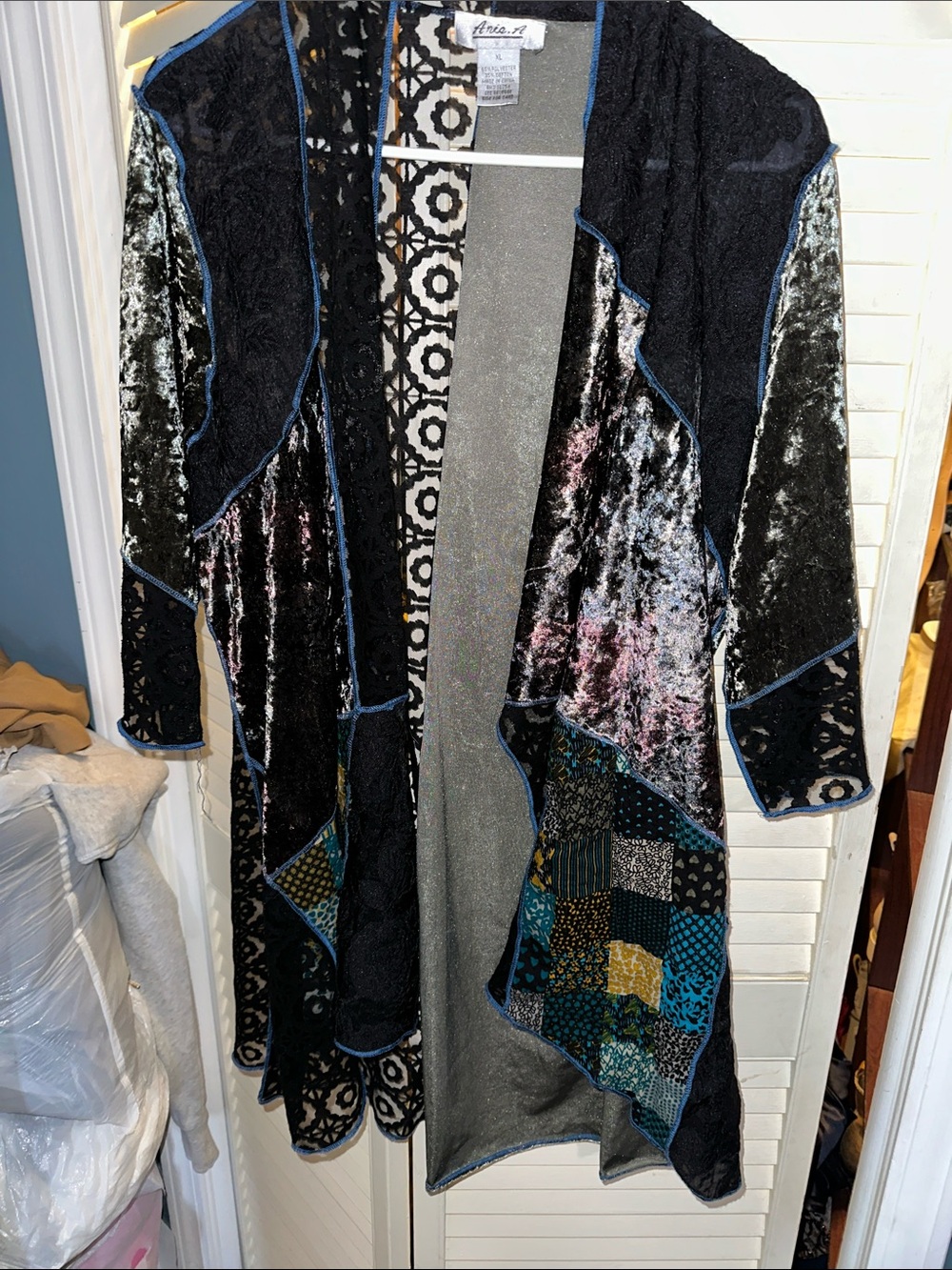 Women's Black Velvet Patchwork Open Tunic Cardigan with Blue Trim